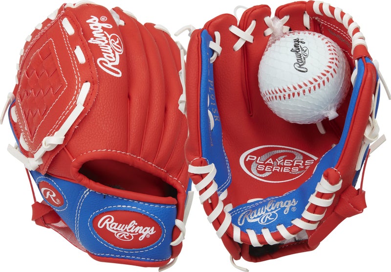 Rawlings رولينغز | سلسلة اللاعبين قفاز كرة البيسبول للأطفال والشباب | رمي باليد اليسرى | 9" | أحمر/أزرق مع كرة - Image 1